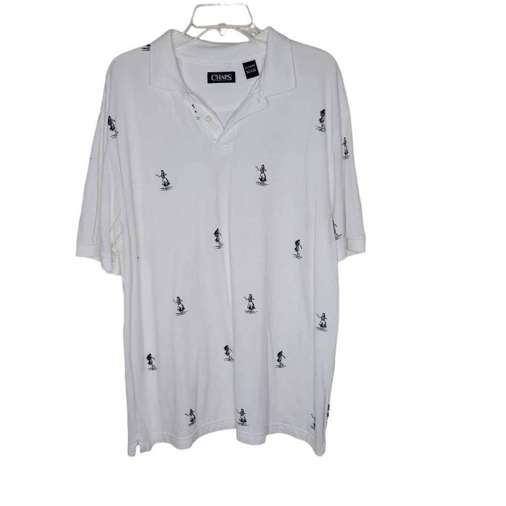 Chaps Men's XL White Hula Girl Short Sleeve Vneck 1/4 Button Cotton Polo Shirt